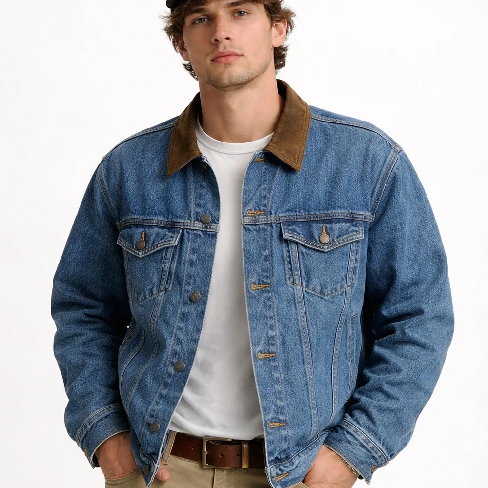 Vintage St Johns Bay Denim Jacket Trucker Jean Coat Retro 90s Leather L - Picture 1 of 12